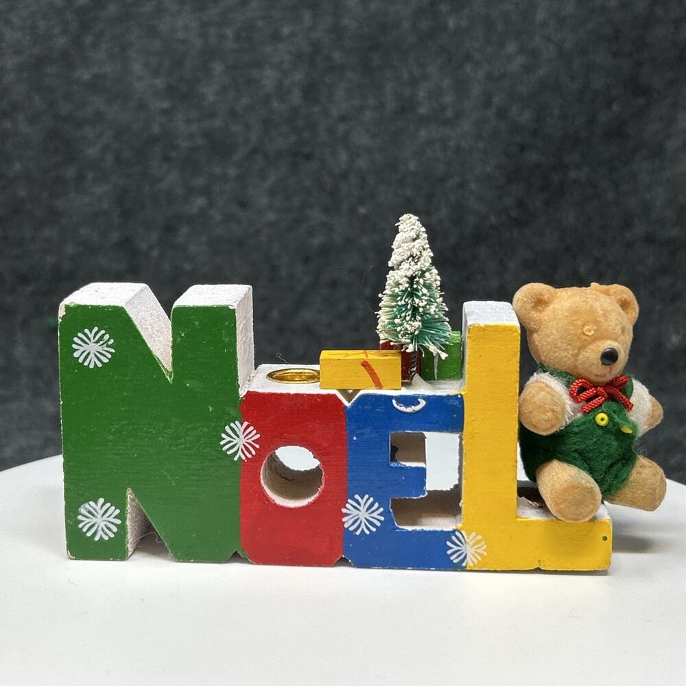 Vintage NOEL Candle Holder Flocked NO EYES Bear Bottle Brush Tree Taiwan R.O.C.